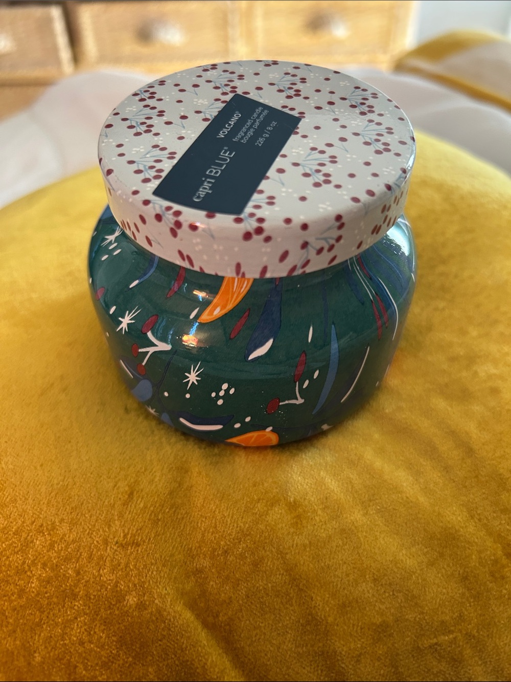 Decorative Green Glass Jar Candle with Citrus & Berry Motif By Volcano - Picture 5 of 7